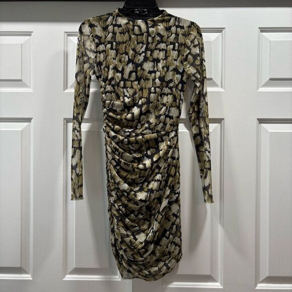 ZARA Green and Black Printed Tulle Ruched Bodycon Dress Size S - Picture 2 of 14